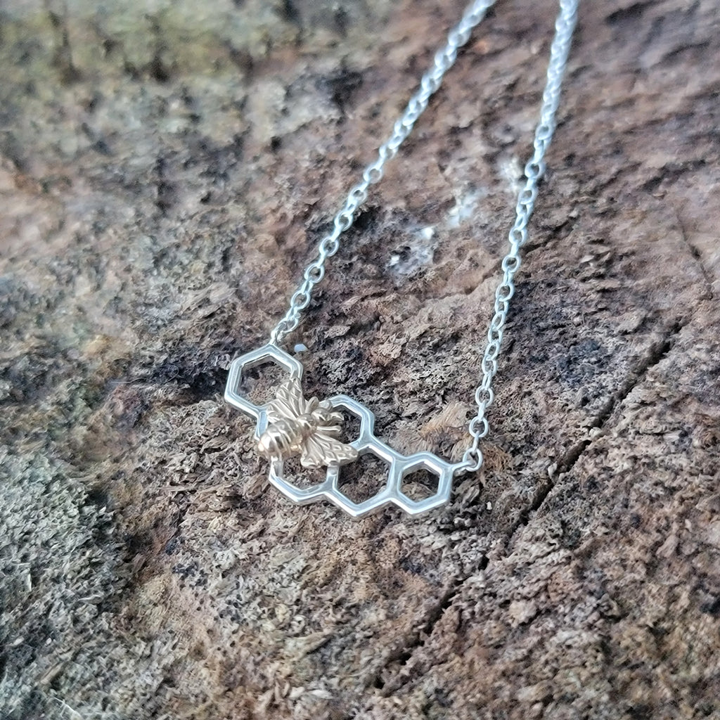 Tiny Sterling Silver Honeycomb Necklace with Bronze Honeybee