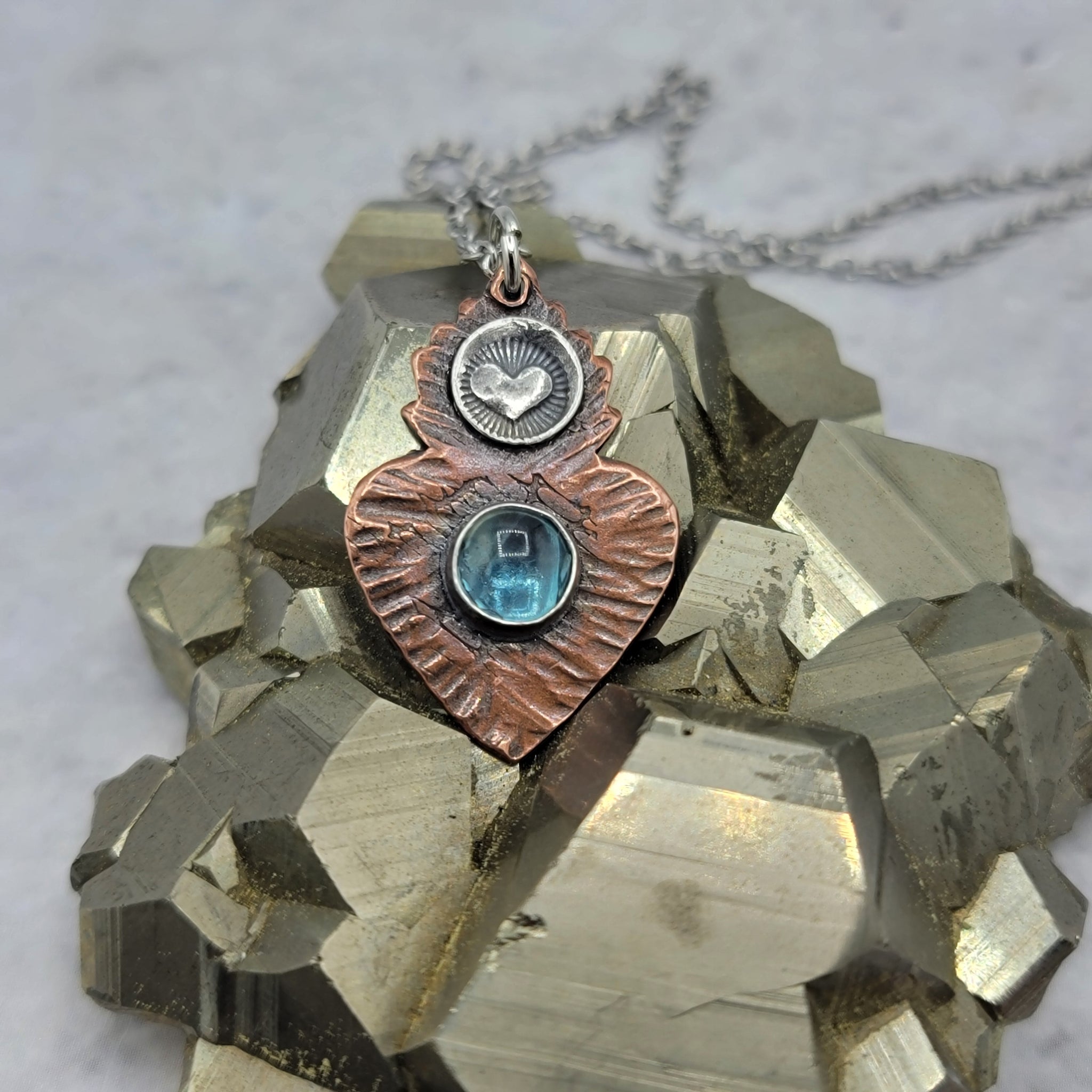 Flaming Heart Milagro Gemstone Pendant in Copper & Sterling Silver