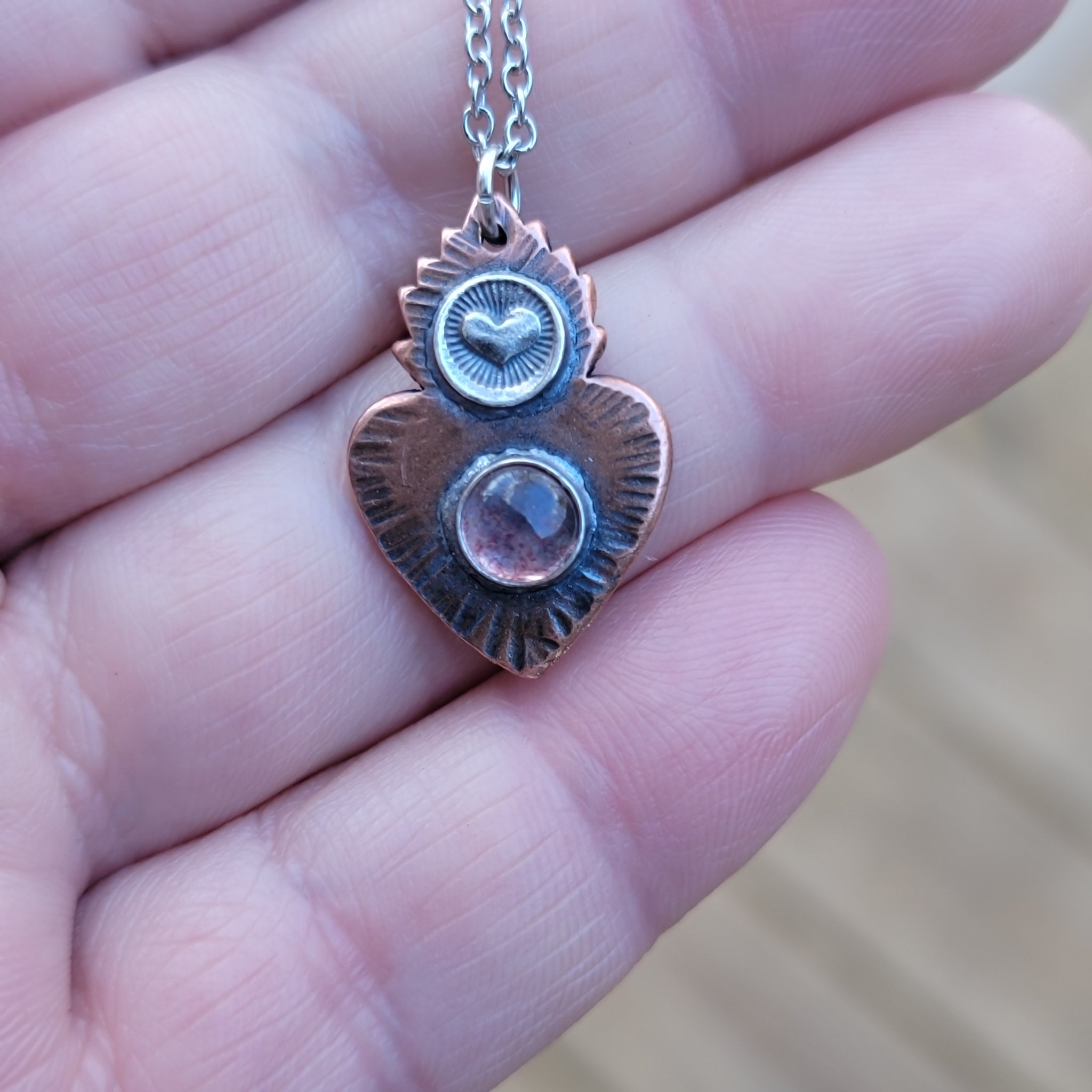 Flaming Heart Milagro Gemstone Pendant in Copper & Sterling Silver