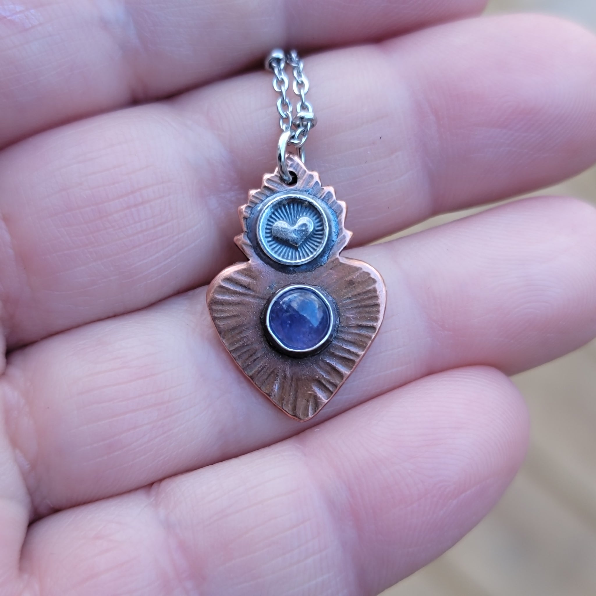 Flaming Heart Milagro Gemstone Pendant in Copper & Sterling Silver