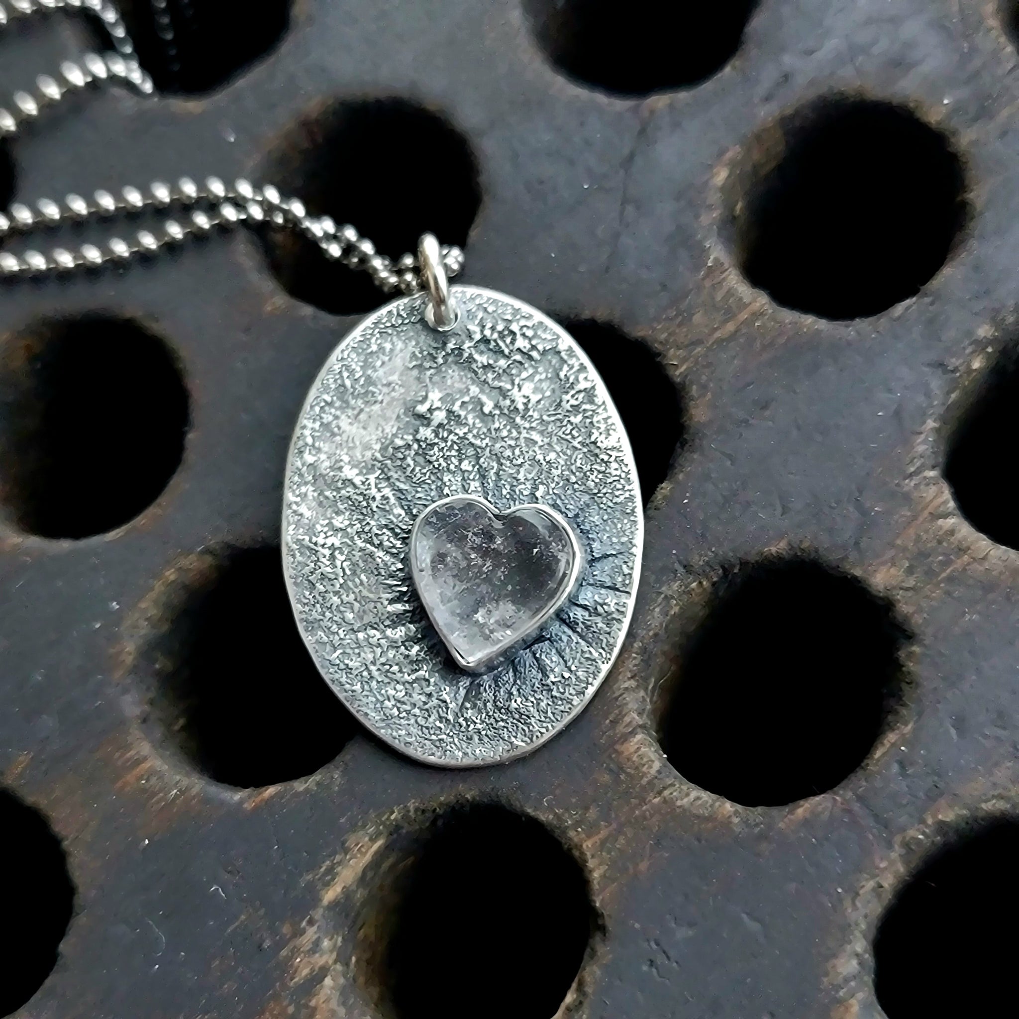 Rustic Quartz Crystal See-Thru Heart Pendant in Recycled Sterling Silver