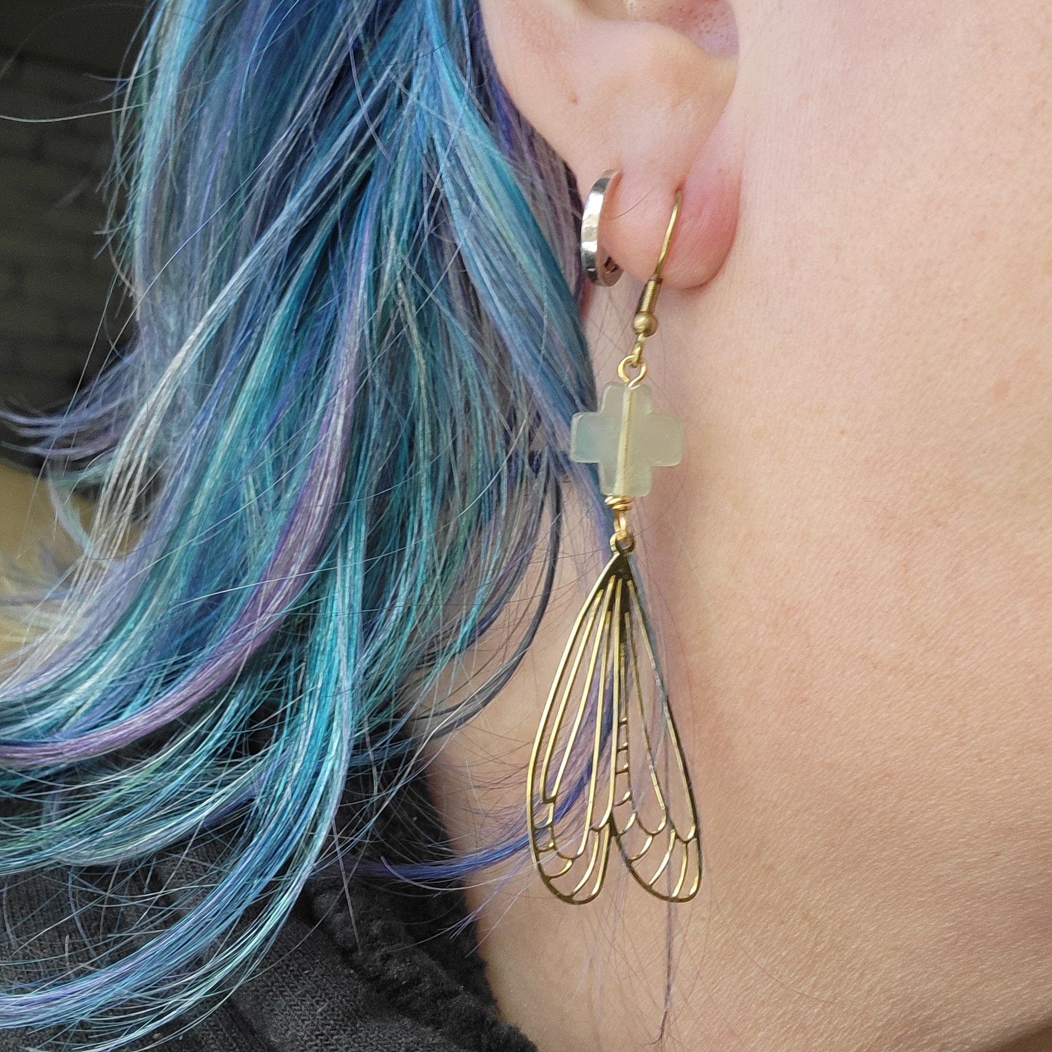 Brass Damselfly Wing Earrings with Green Aventurine