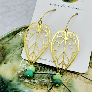 Beaded Brass Begonia Leaf Earrings