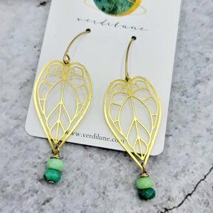 Beaded Brass Begonia Leaf Earrings