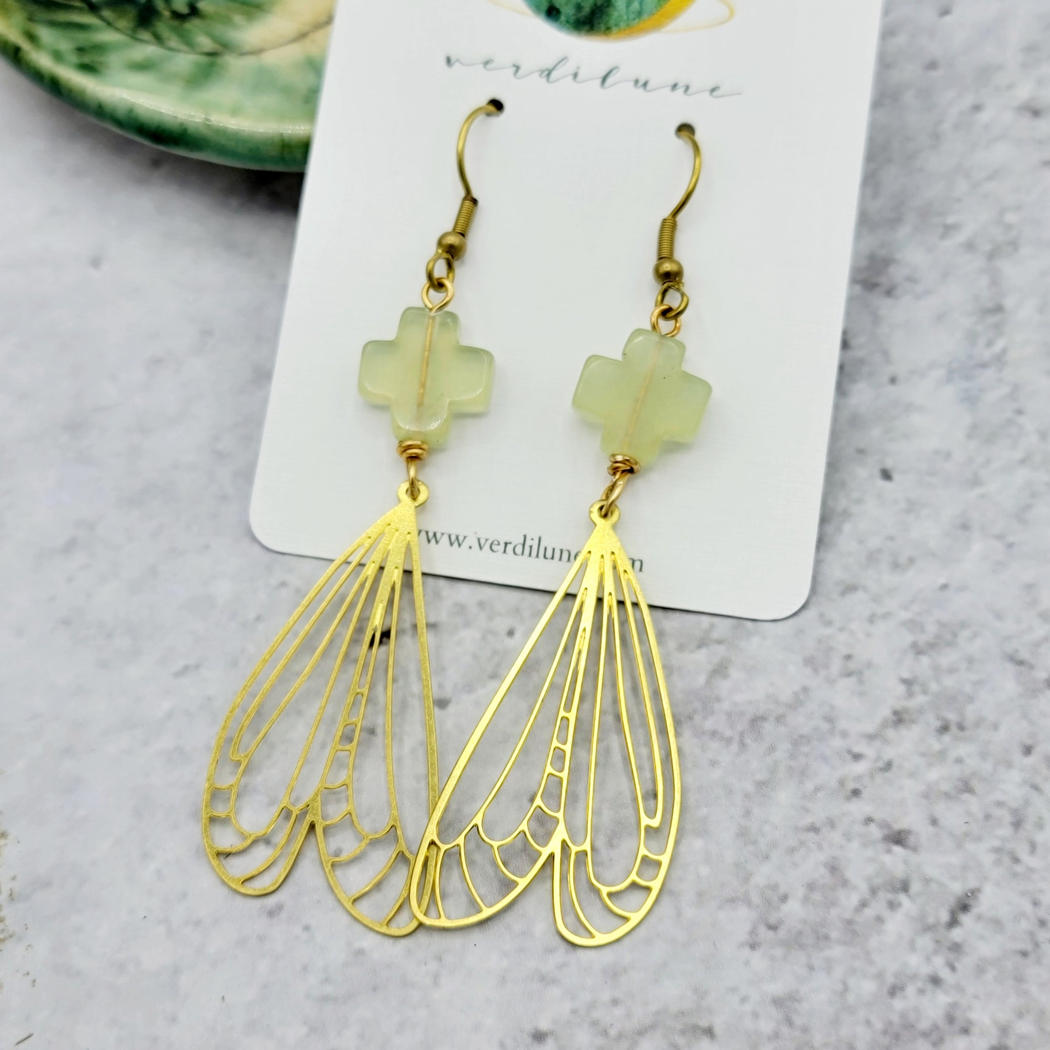 Brass Damselfly Wing Earrings with Green Aventurine