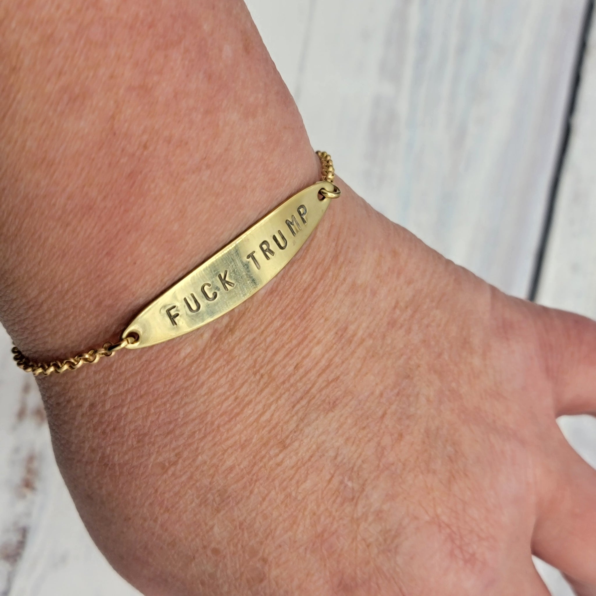 F*&k Trump Handstamped Brass Bar Bracelet