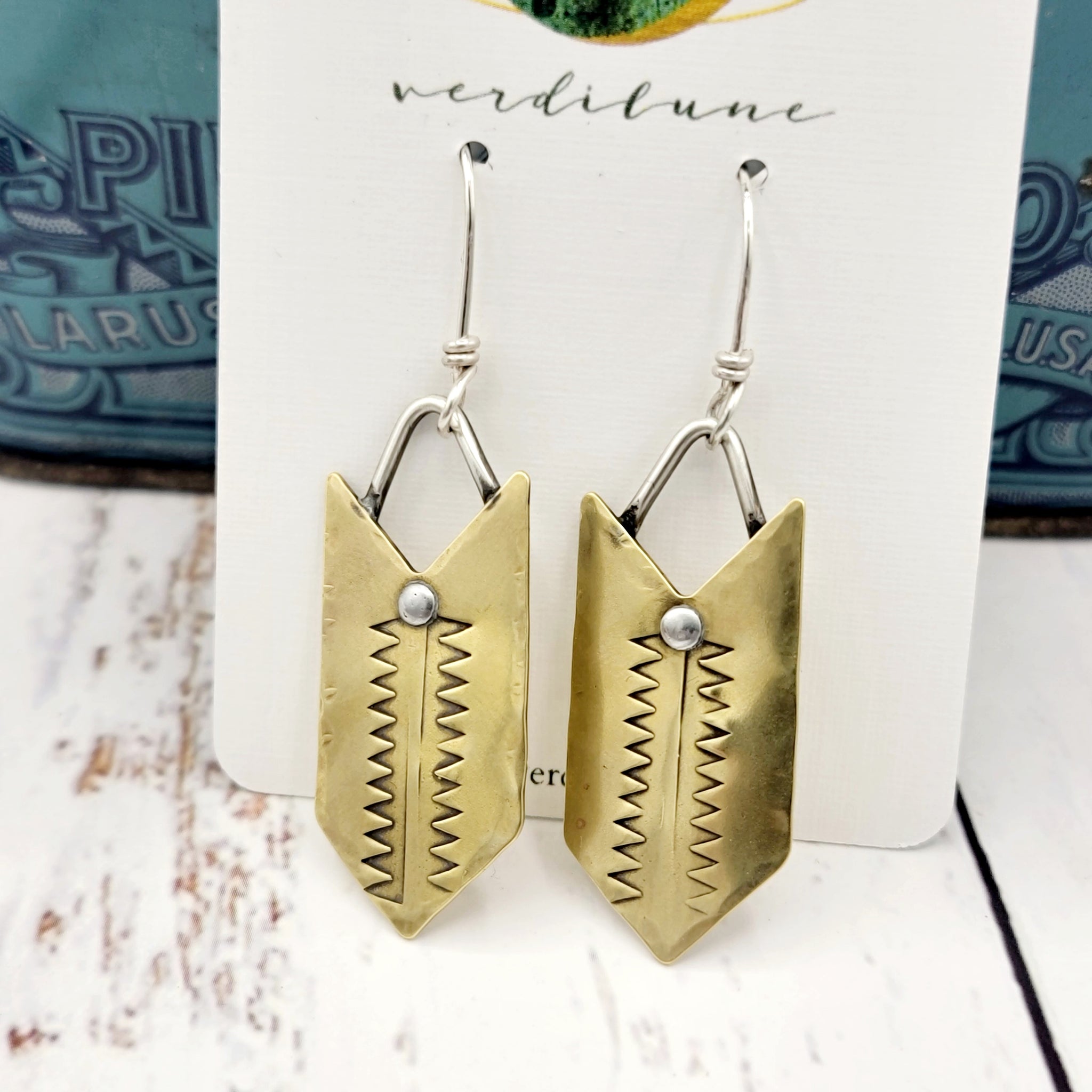 Boho Arrow Earrings - Handstamped Brass & Sterling Silver