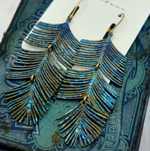 Ocean Blue Patina Fringe Feather Earrings