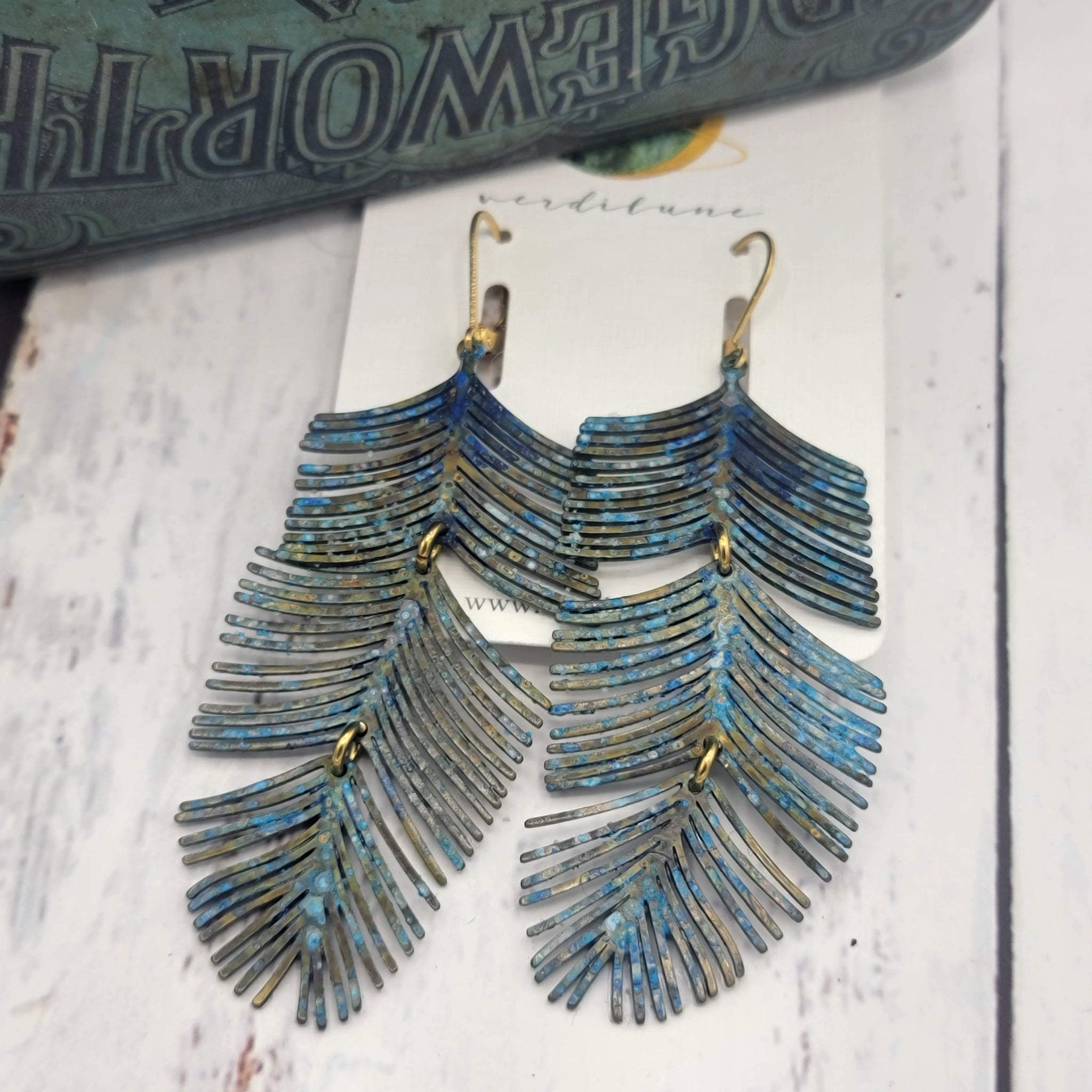 Ocean Blue Patina Fringe Feather Earrings