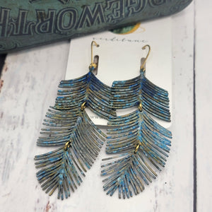 Ocean Blue Patina Fringe Feather Earrings