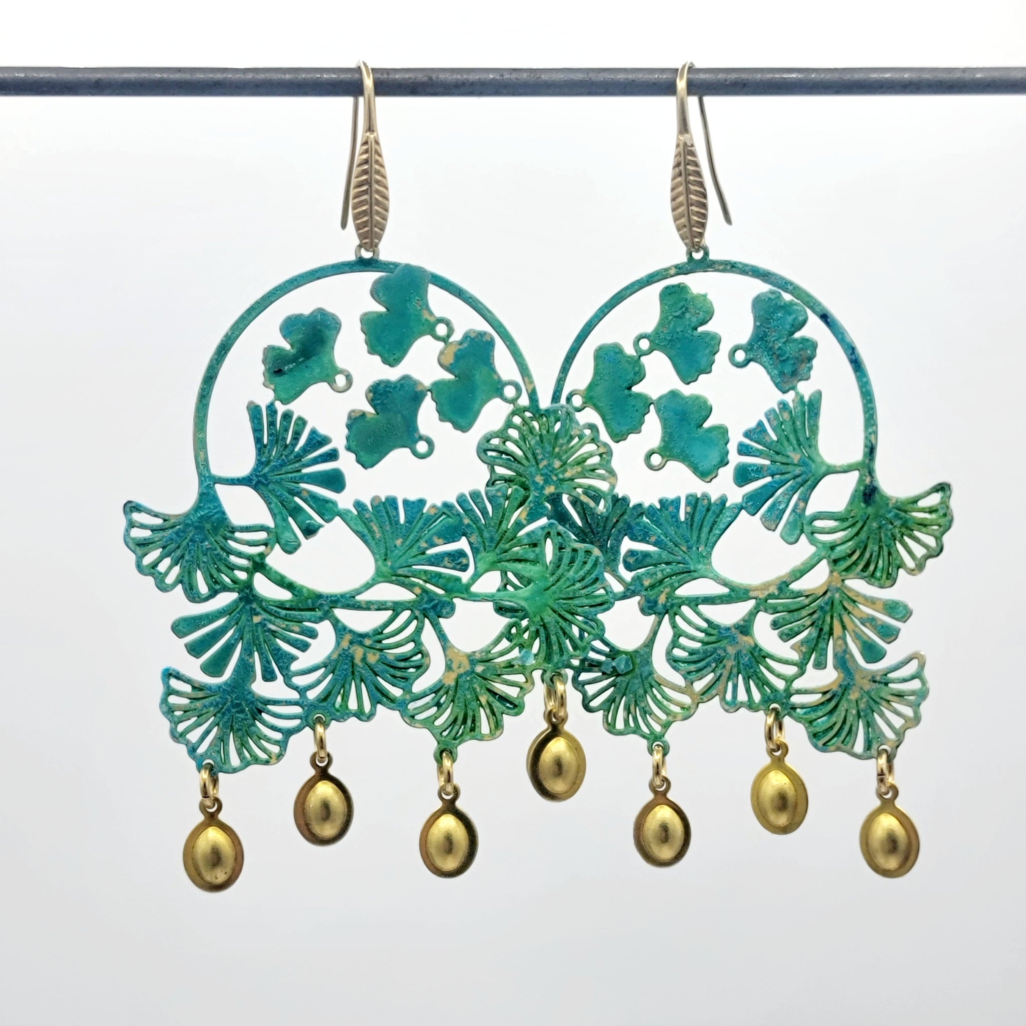 Sultry Summer Statement Verdigris Patina Ginkgo Earrings