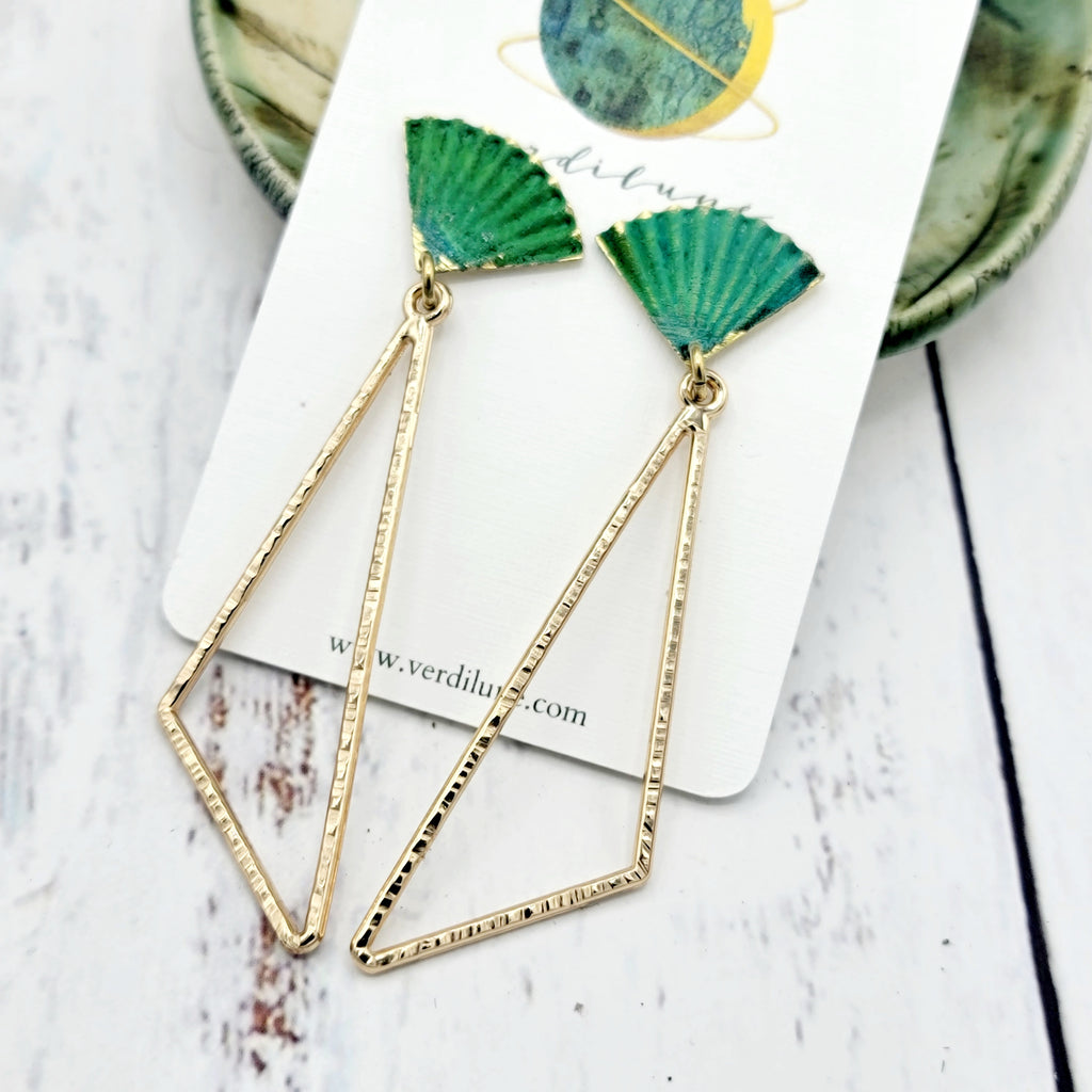 Hammered Brass Asymmetrical Triangle Earrings with Verdigris Fan Posts