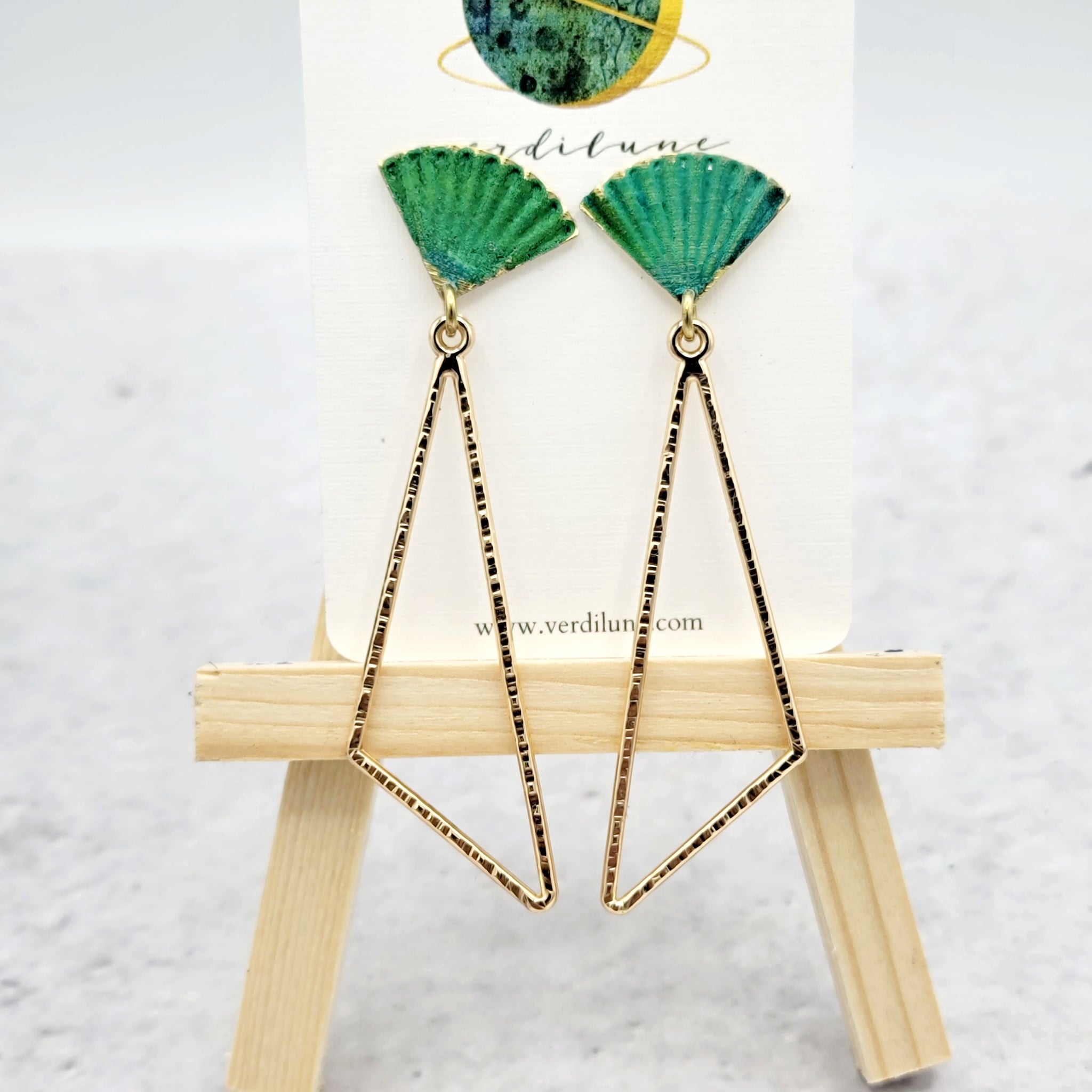 Hammered Brass Asymmetrical Triangle Earrings with Verdigris Fan Posts