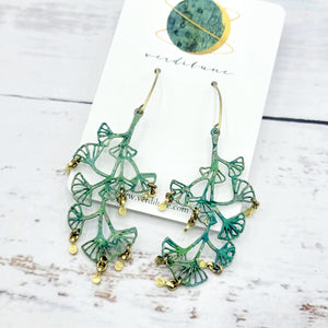 Sultry Summer Brass Gingko Dot Dangle Earrings with Verdigris Patina