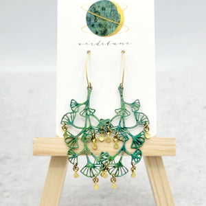 Sultry Summer Brass Gingko Dot Dangle Earrings with Verdigris Patina