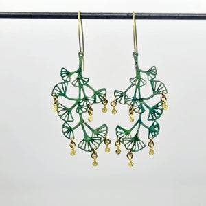 Sultry Summer Brass Gingko Dot Dangle Earrings with Verdigris Patina