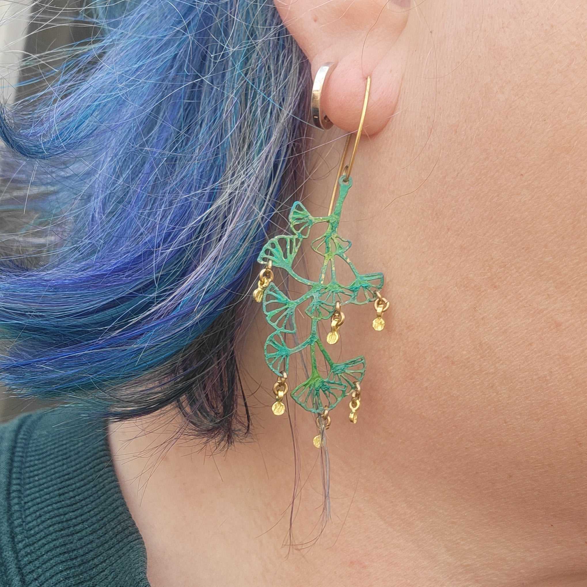 Sultry Summer Brass Gingko Dot Dangle Earrings with Verdigris Patina