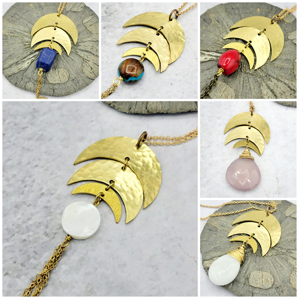 Boho Brass Crescent Pendants with Various Stones & Beads