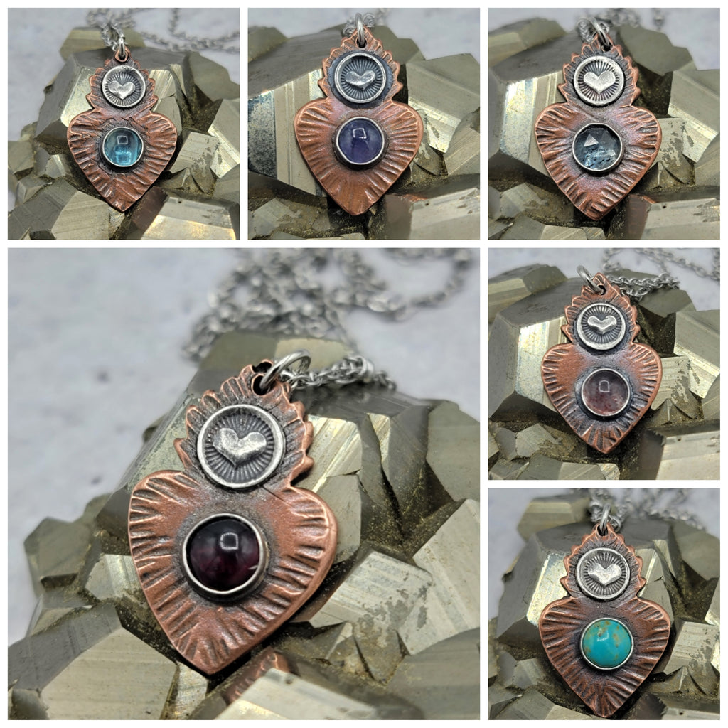 Flaming Heart Milagro Gemstone Pendant in Copper & Sterling Silver