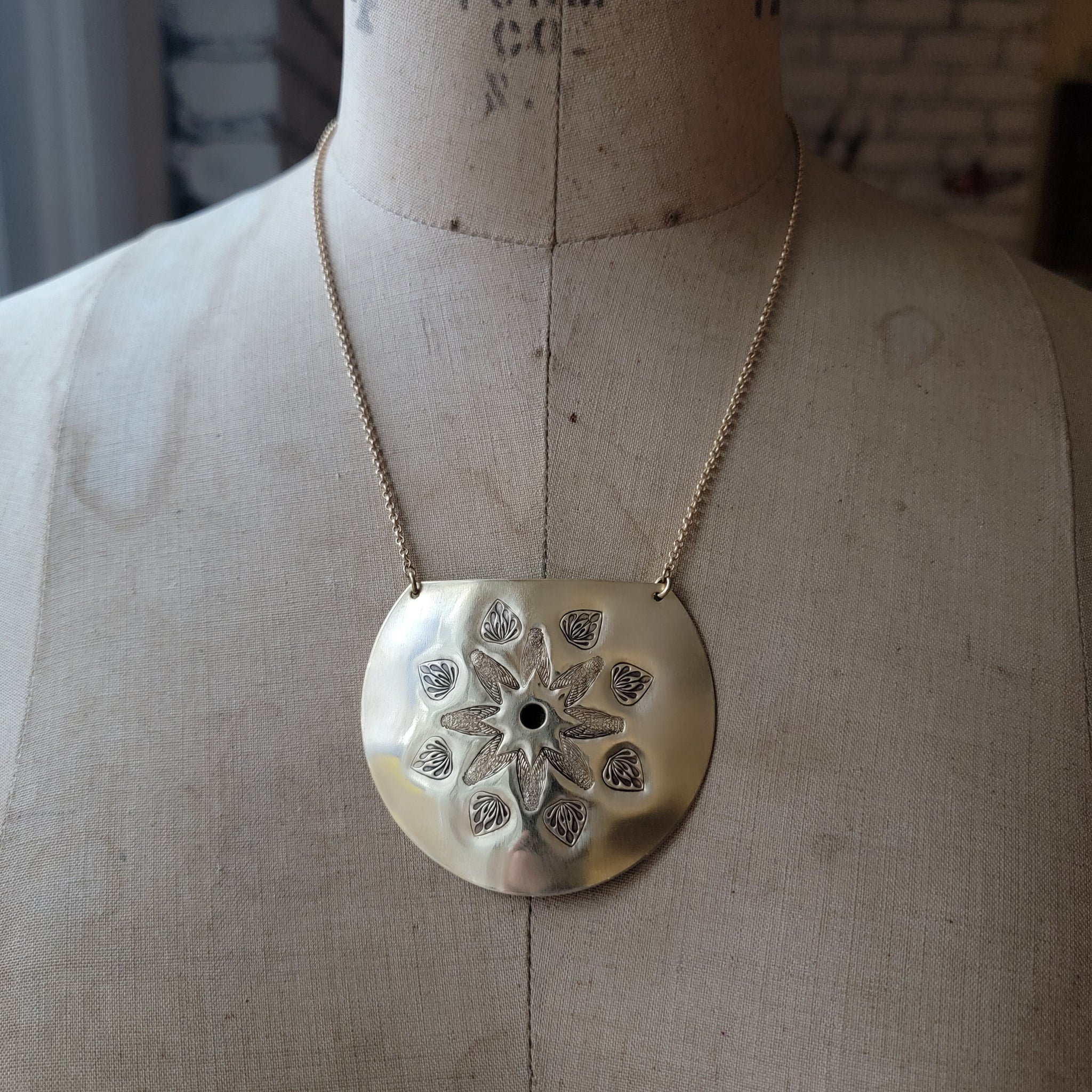 Mandala Stamped Brass Disc Necklace