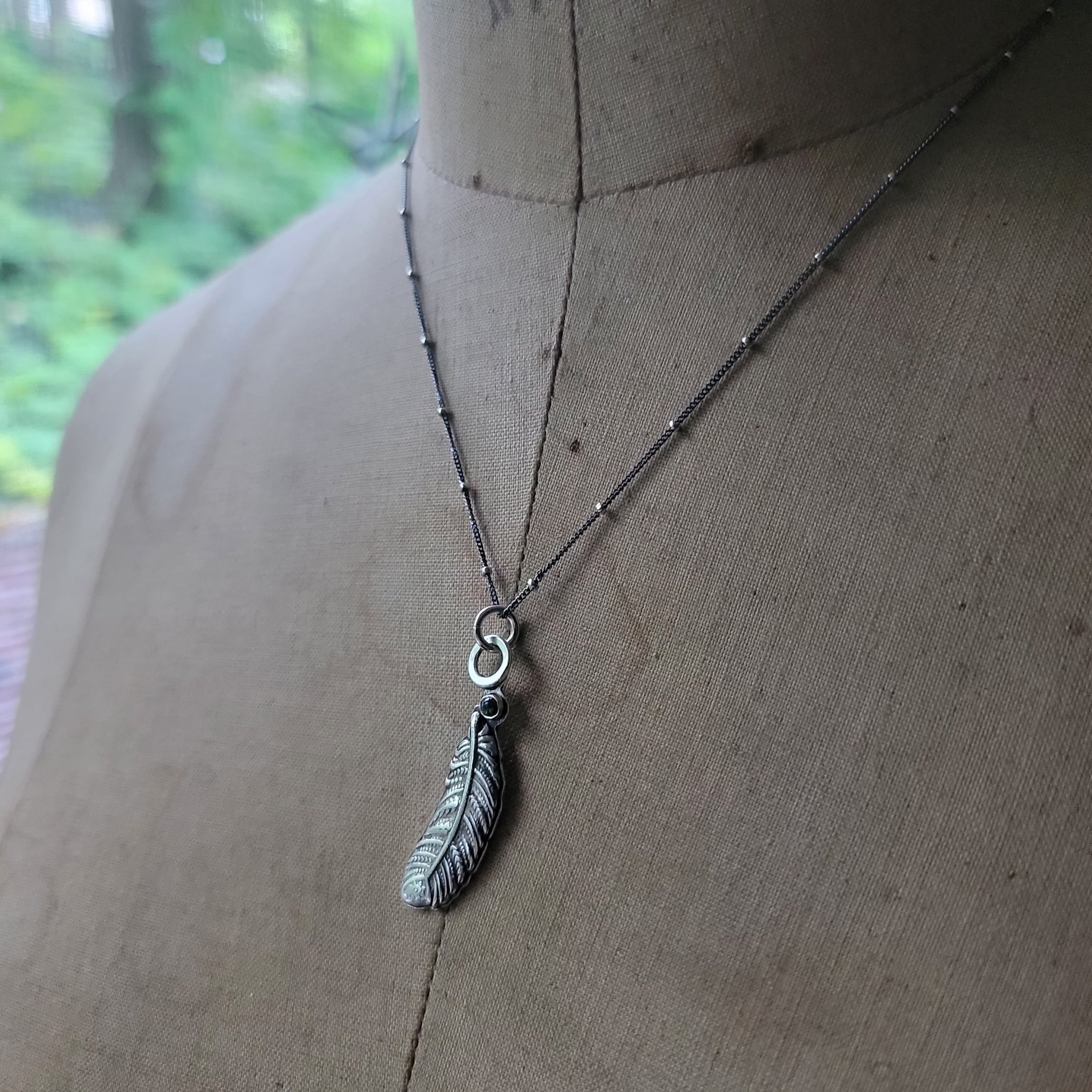 Feather Pendant in Sterling Silver Silver with Black Opal