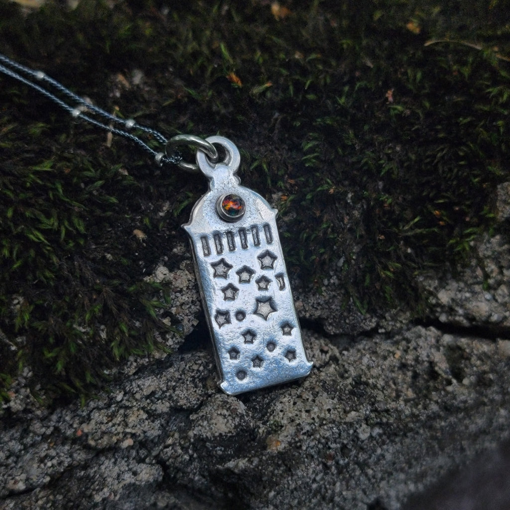 Celestial Lantern Pendant in Sterling Silver Silver with Black Opal