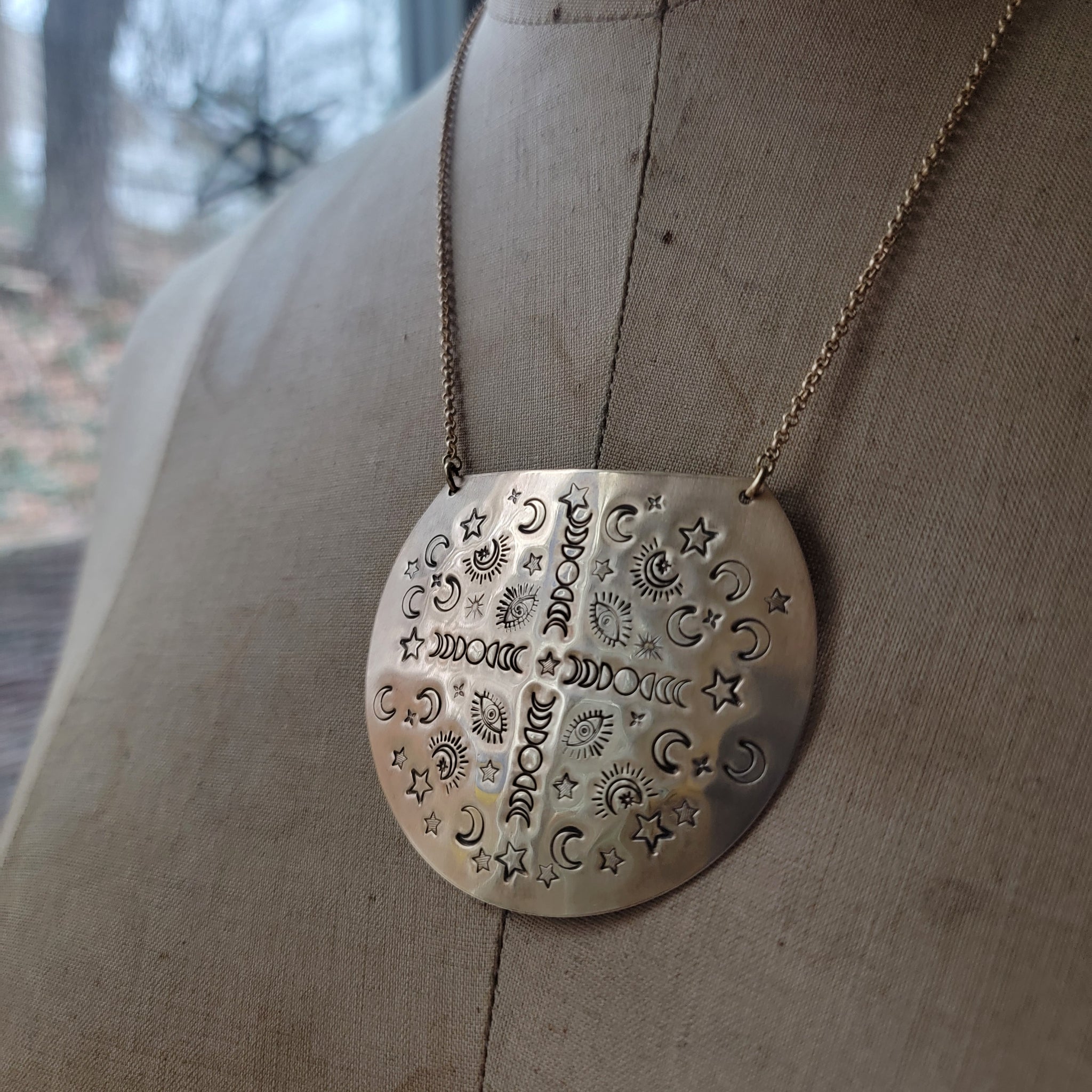 Mandala Stamped Brass Disc Necklace