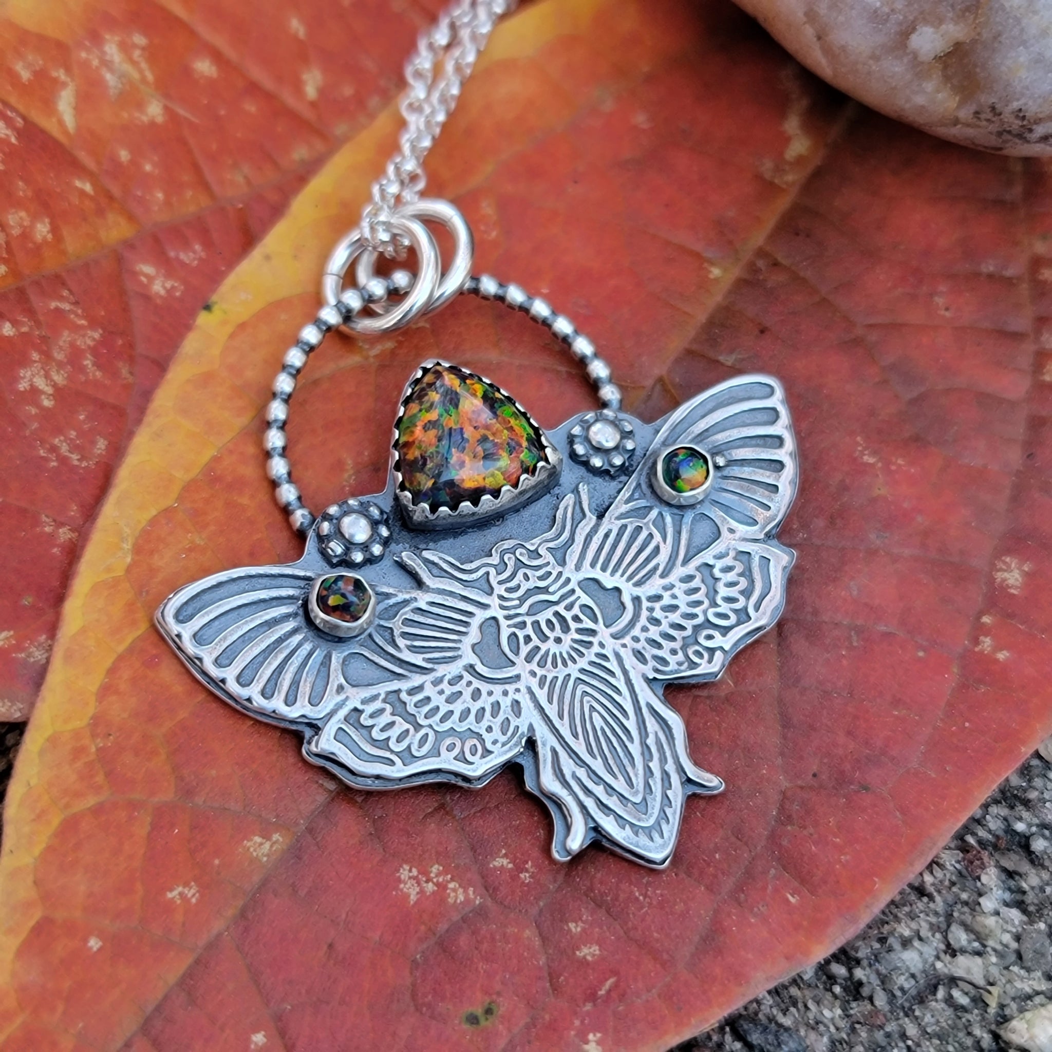 Mystical Moth Pendant with Black Opal in Sterling Silver