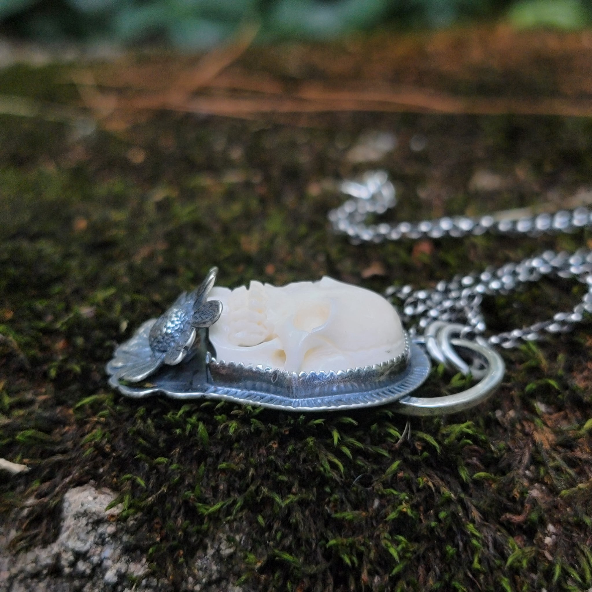 Pushing Up Daisies Carved Skull Pendant in Sterling Silver