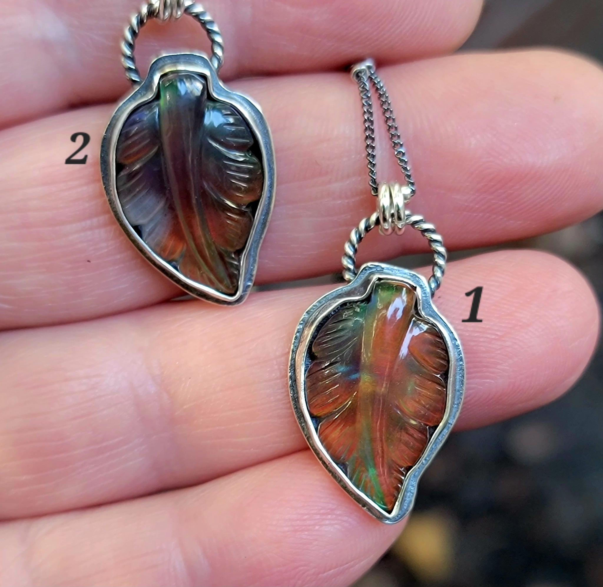 Carved Opal Autumn Leaf Pendants in Sterling Silver