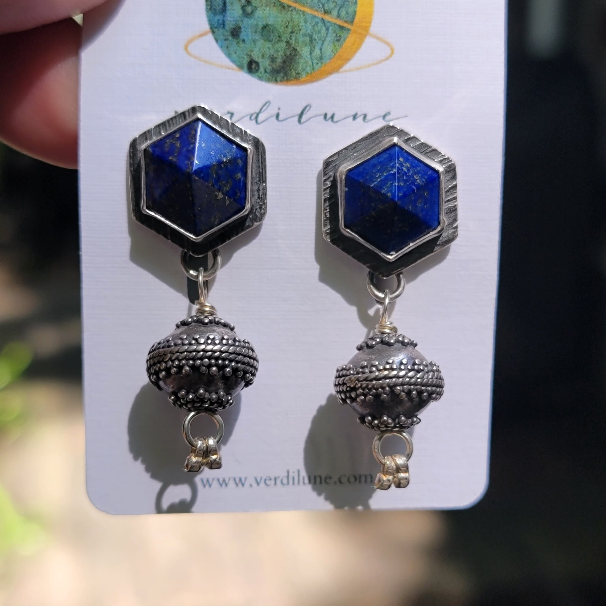 Lapis Lazuli Statement Earrings with Indonesian Sterling Silver Beads