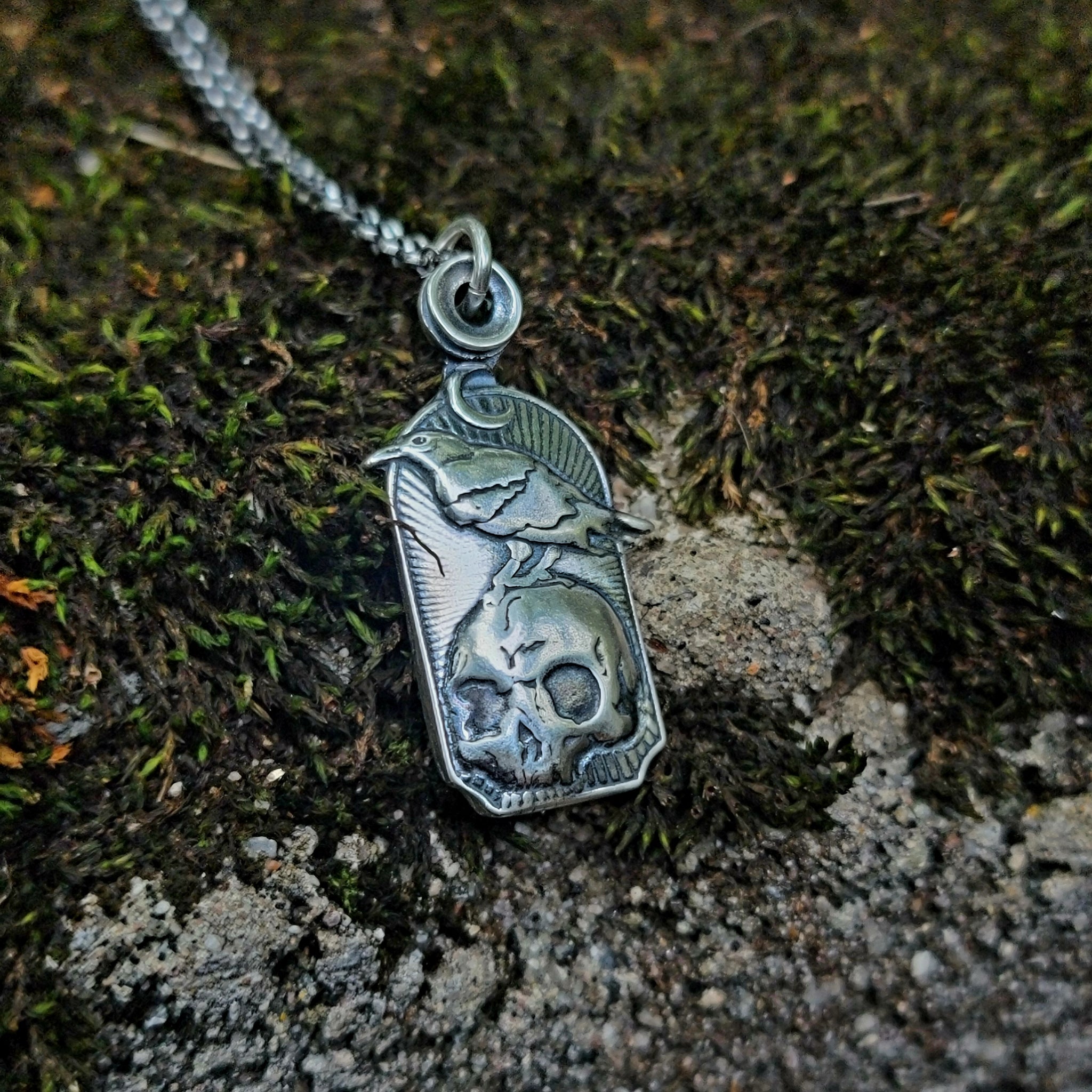 Nevermore Skull & Raven Pendant in Sterling Silver