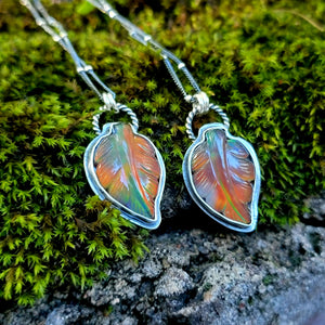 Carved Opal Autumn Leaf Pendants in Sterling Silver