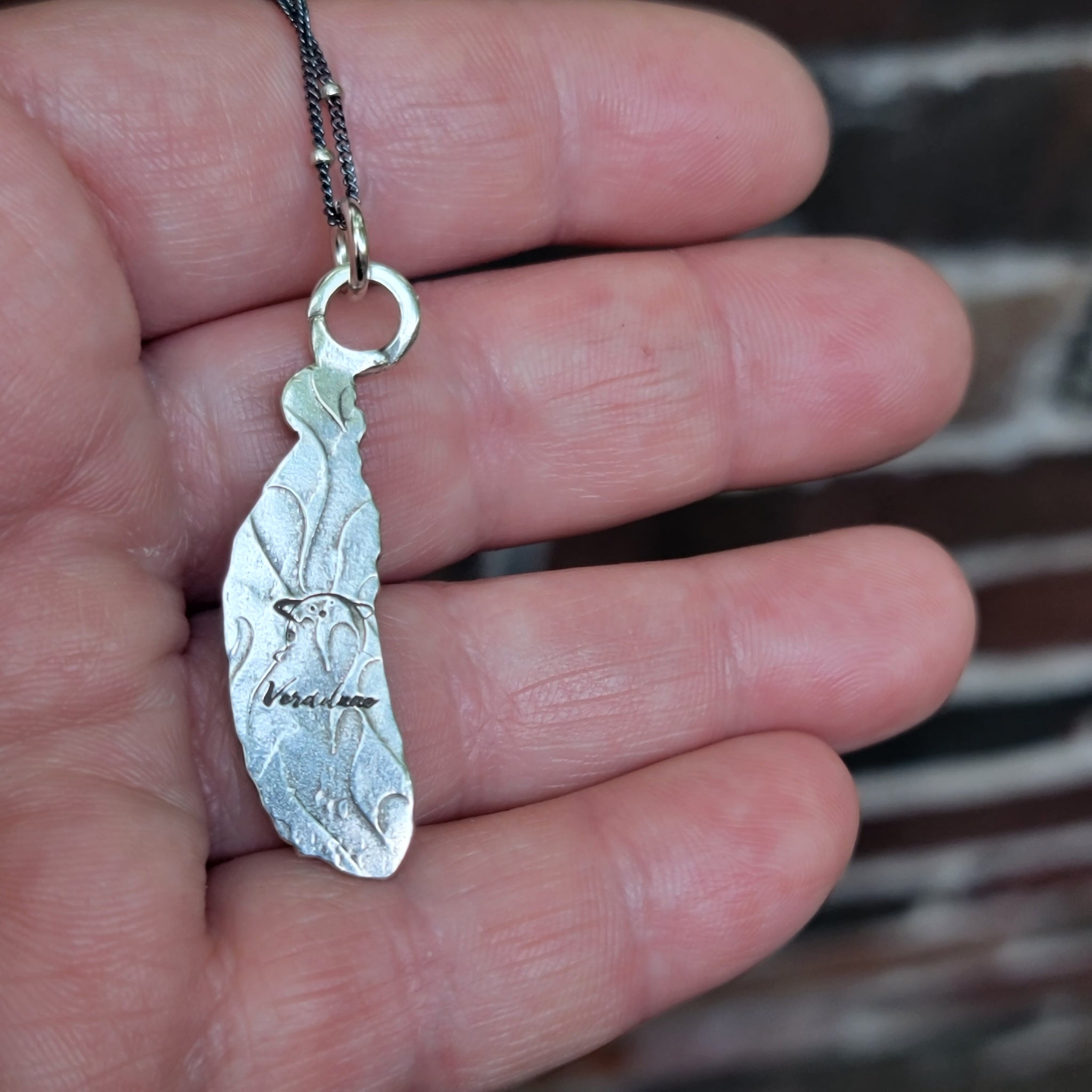 Feather Pendant in Sterling Silver Silver with Black Opal