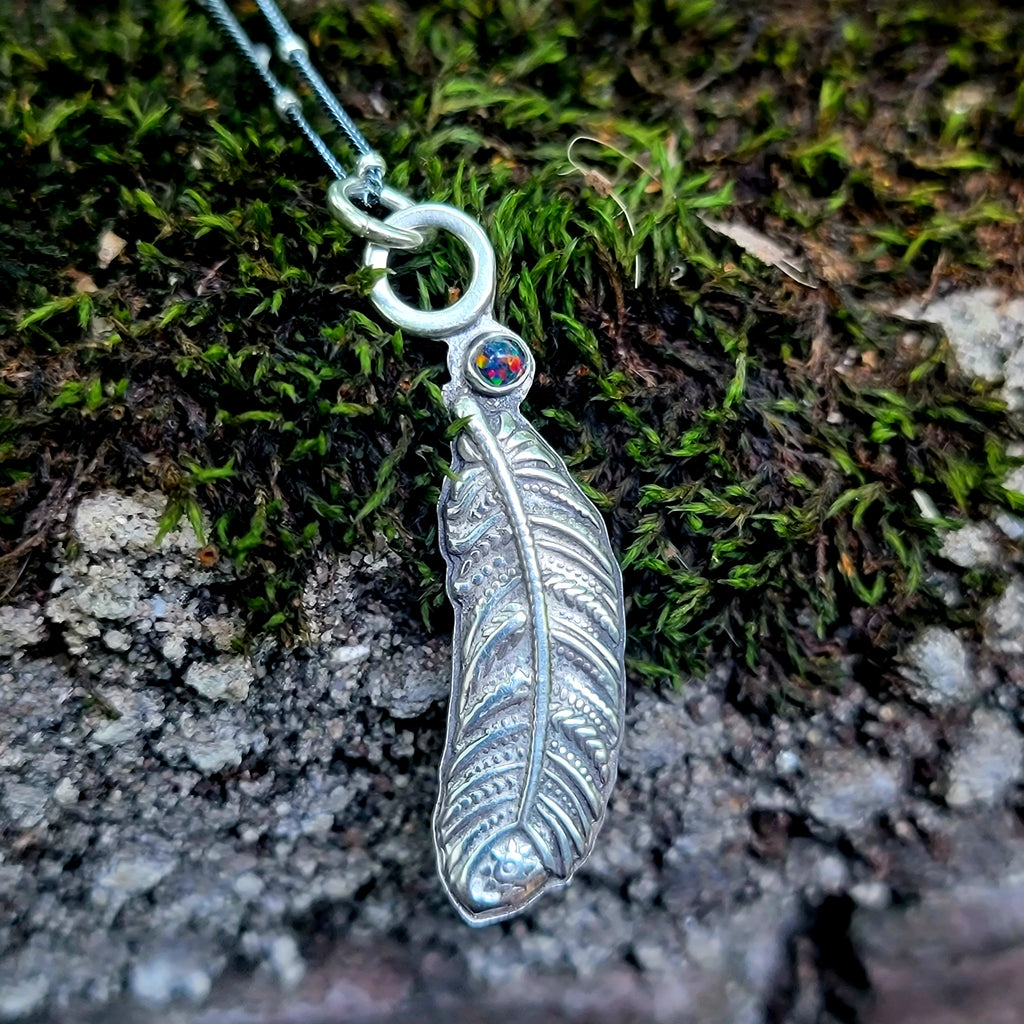 Feather Pendant in Sterling Silver Silver with Black Opal