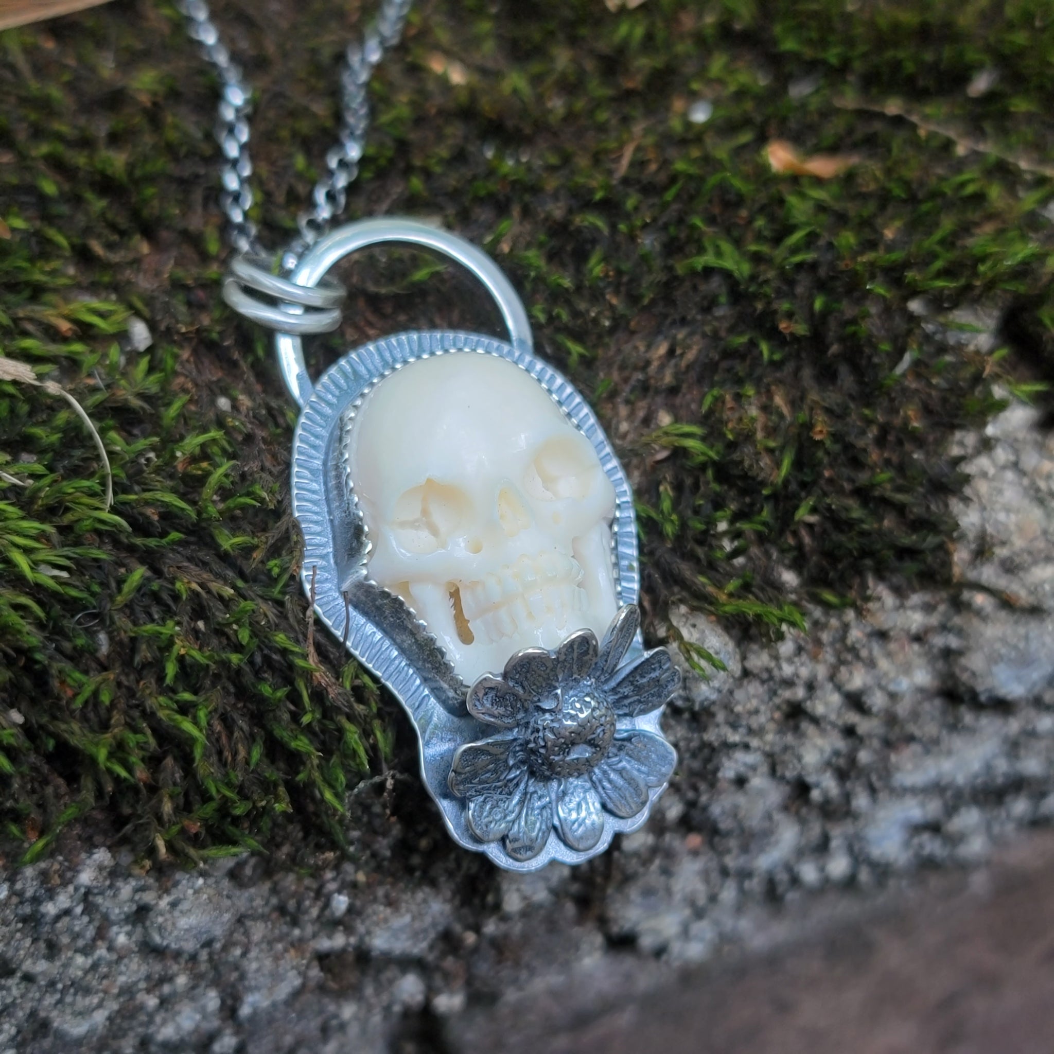 Pushing Up Daisies Carved Skull Pendant in Sterling Silver