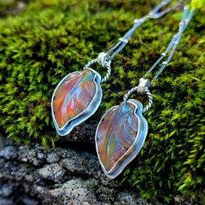 Carved Opal Autumn Leaf Pendants in Sterling Silver