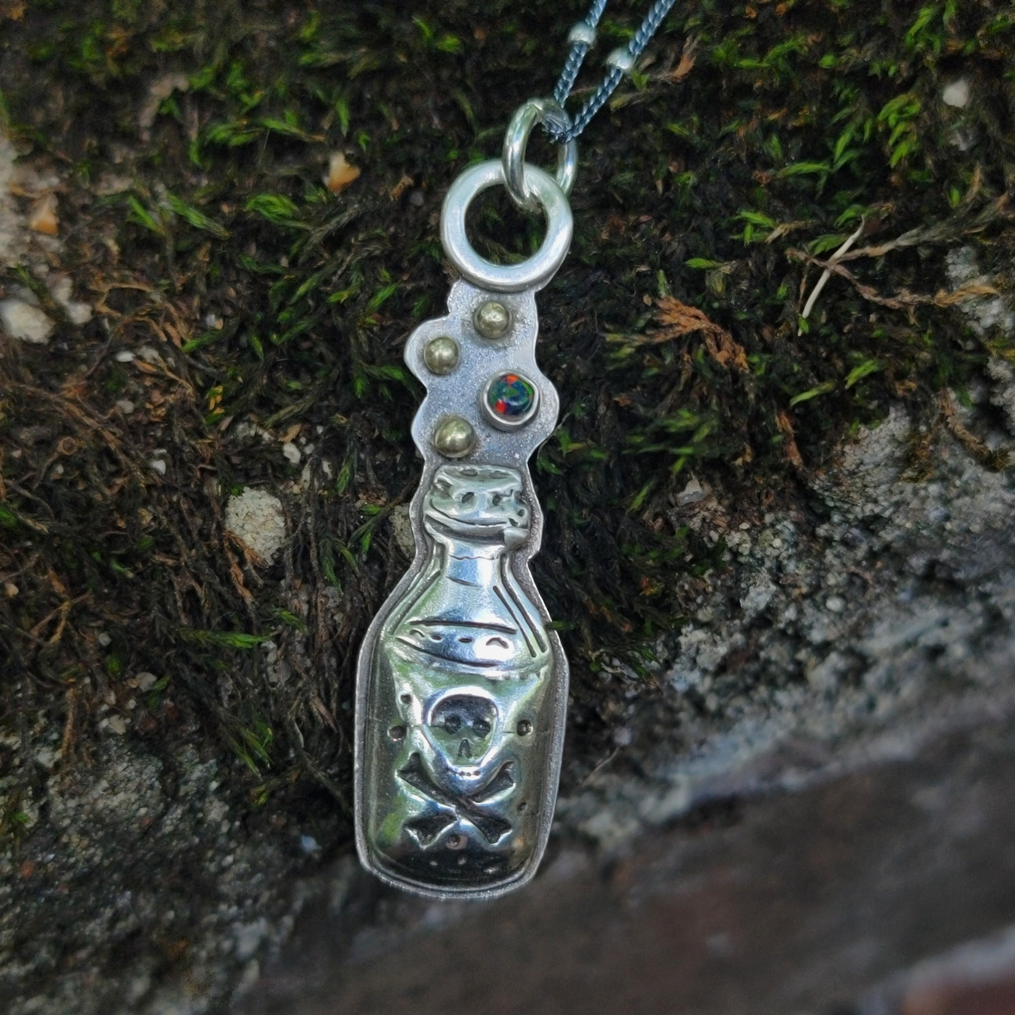 Poison Potion Bottle Pendant in Sterling Silver with Black Opal