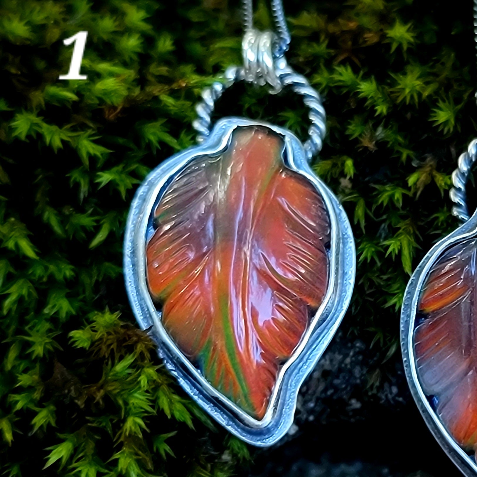 Carved Opal Autumn Leaf Pendants in Sterling Silver