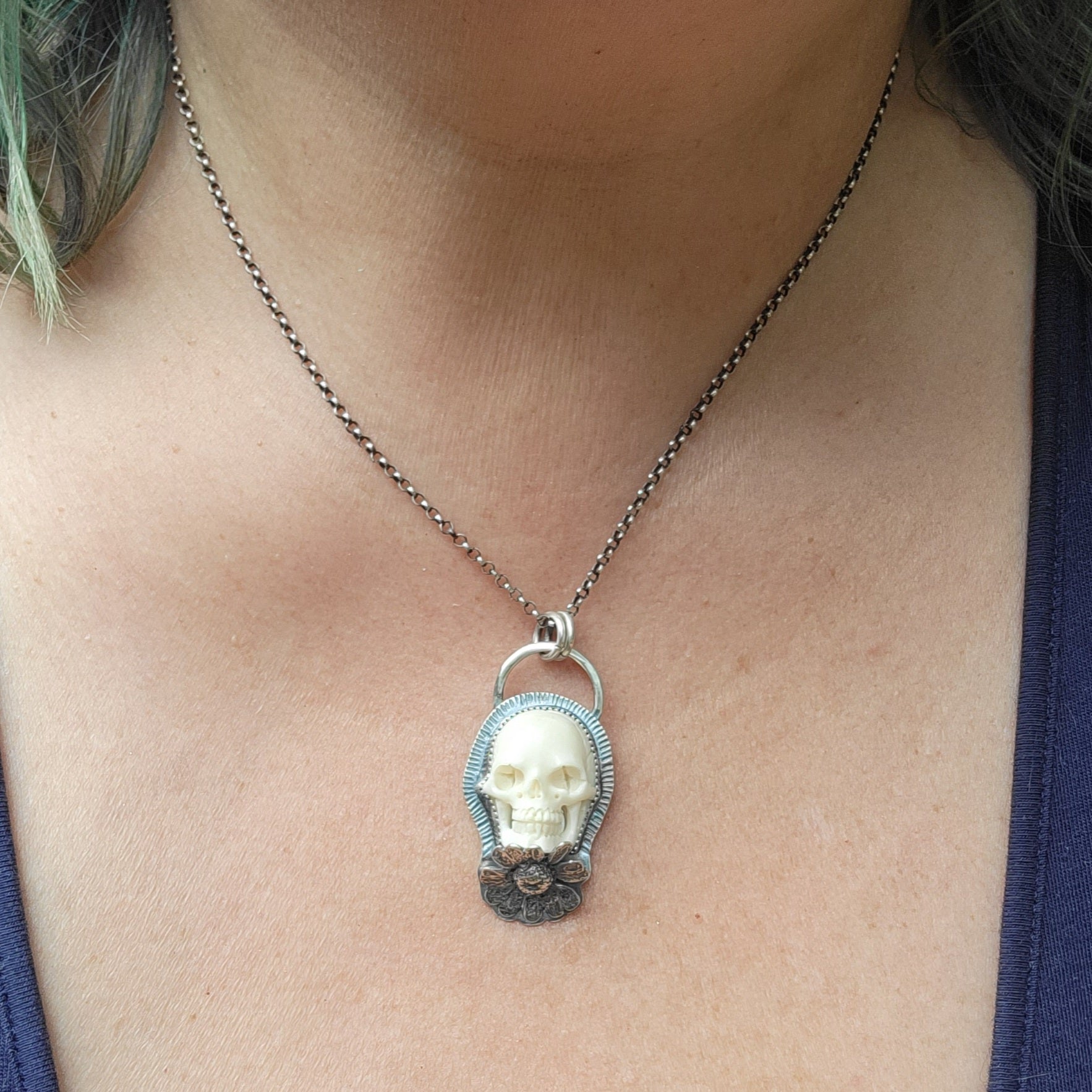 Pushing Up Daisies Carved Skull Pendant in Sterling Silver