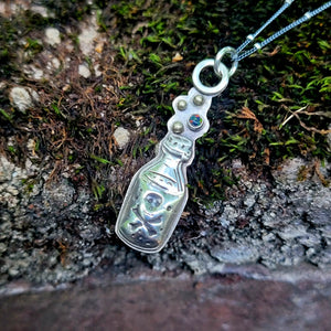 Poison Potion Bottle Pendant in Sterling Silver with Black Opal