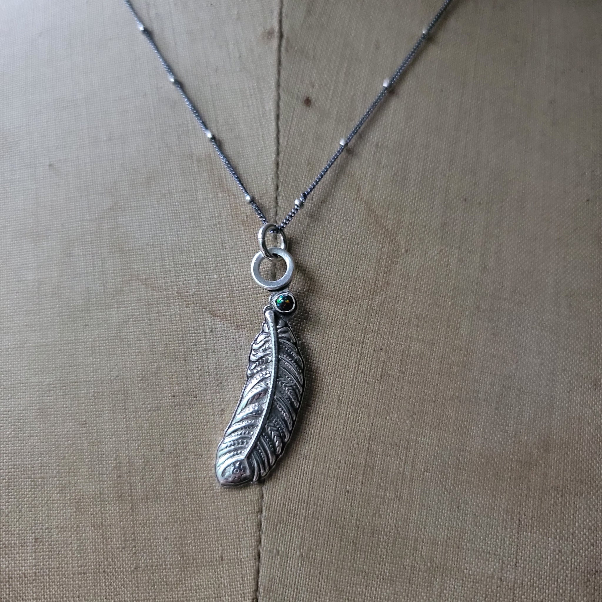 Feather Pendant in Sterling Silver Silver with Black Opal