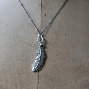 Feather Pendant in Sterling Silver Silver with Black Opal