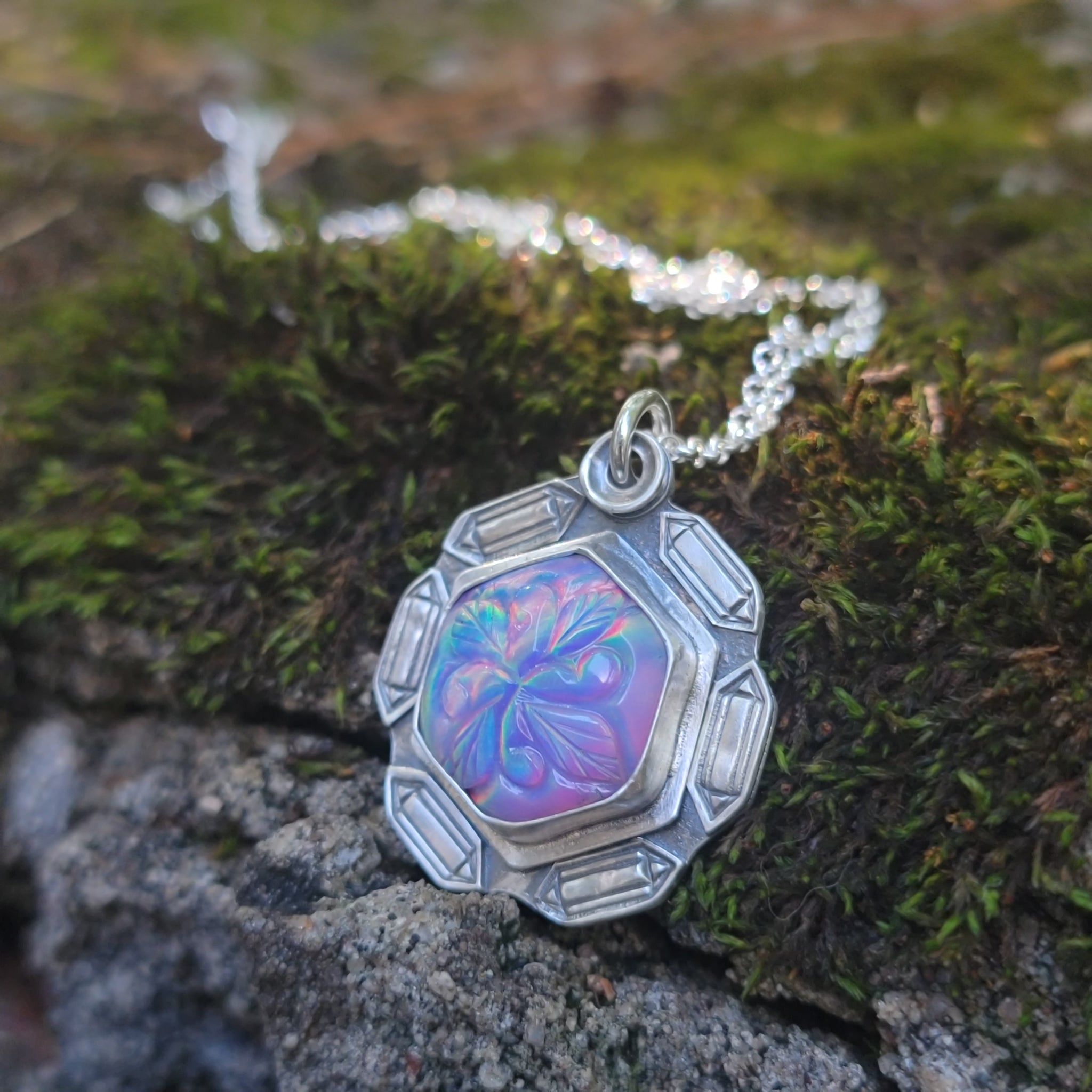 Carved Opal Pendant with Crystal Points Border in Sterling Silver