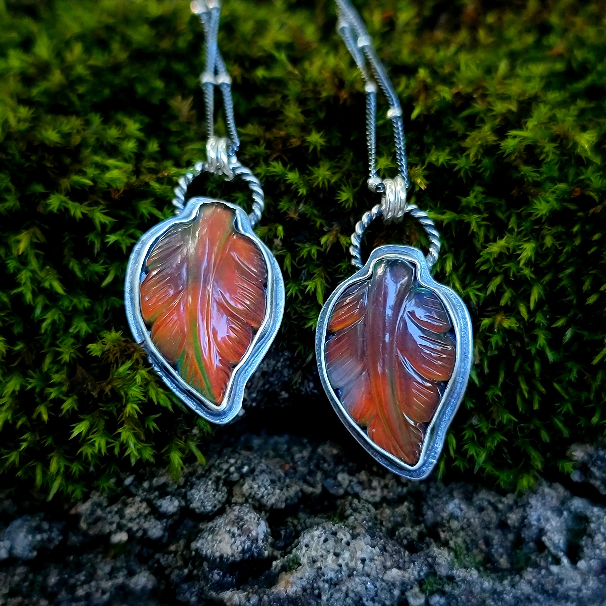 Carved Opal Autumn Leaf Pendants in Sterling Silver