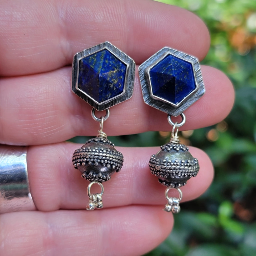 Lapis Lazuli Statement Earrings with Indonesian Sterling Silver Beads