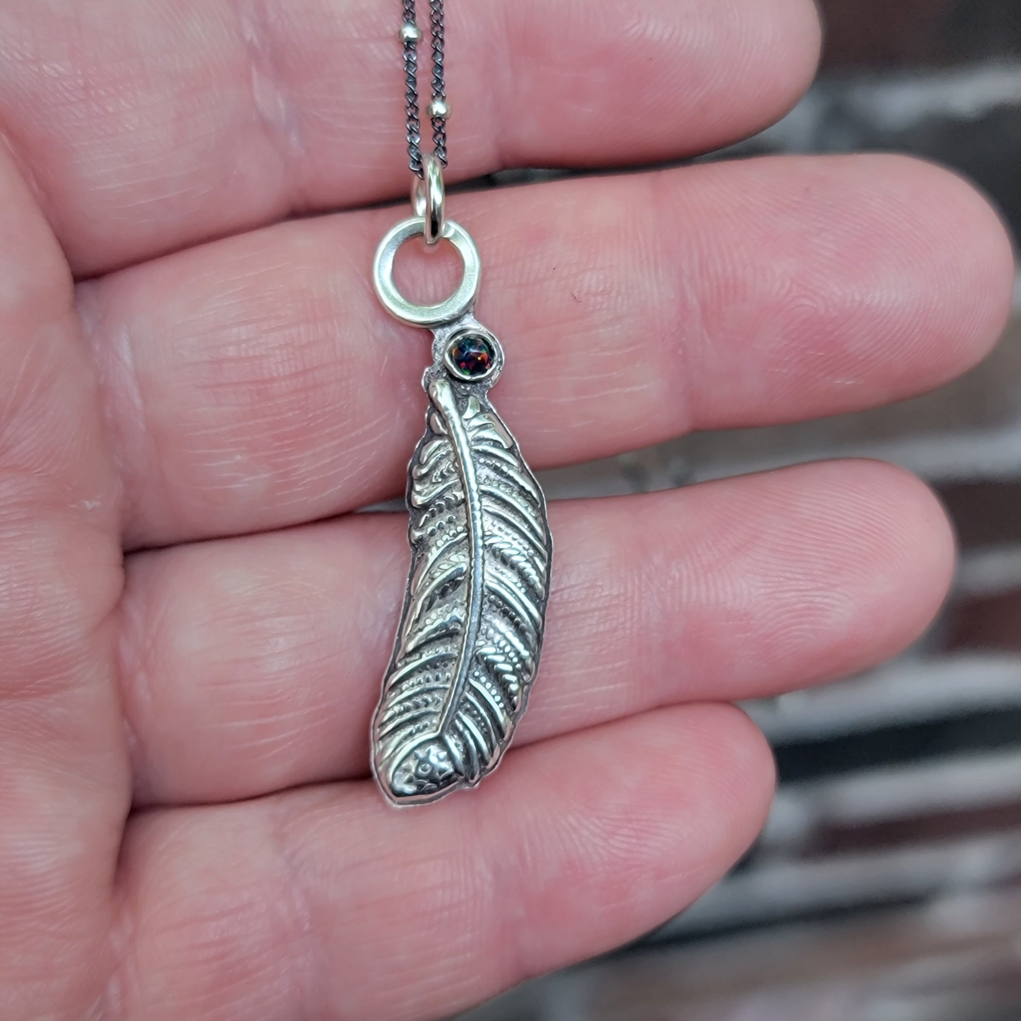 Feather Pendant in Sterling Silver Silver with Black Opal