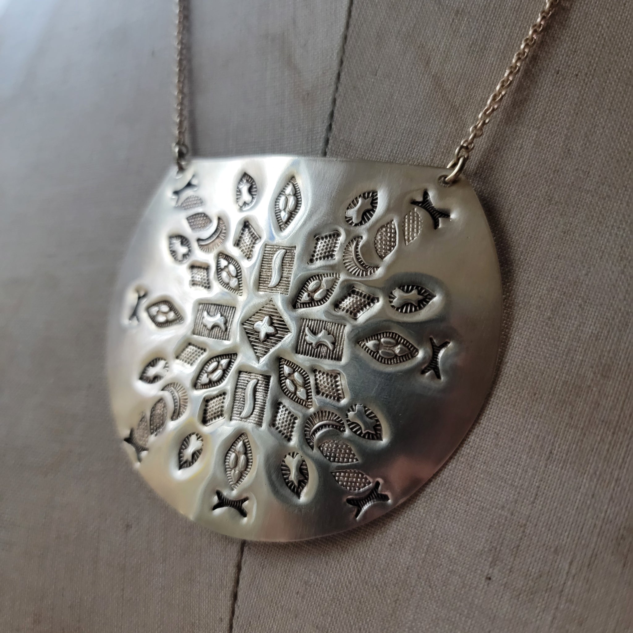 Mandala Stamped Brass Disc Necklace