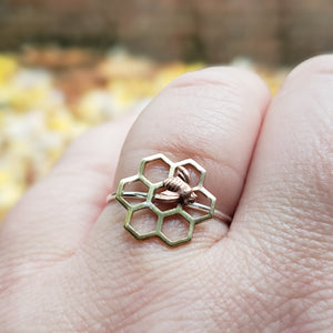 Brass Honeycomb Ring with Bee