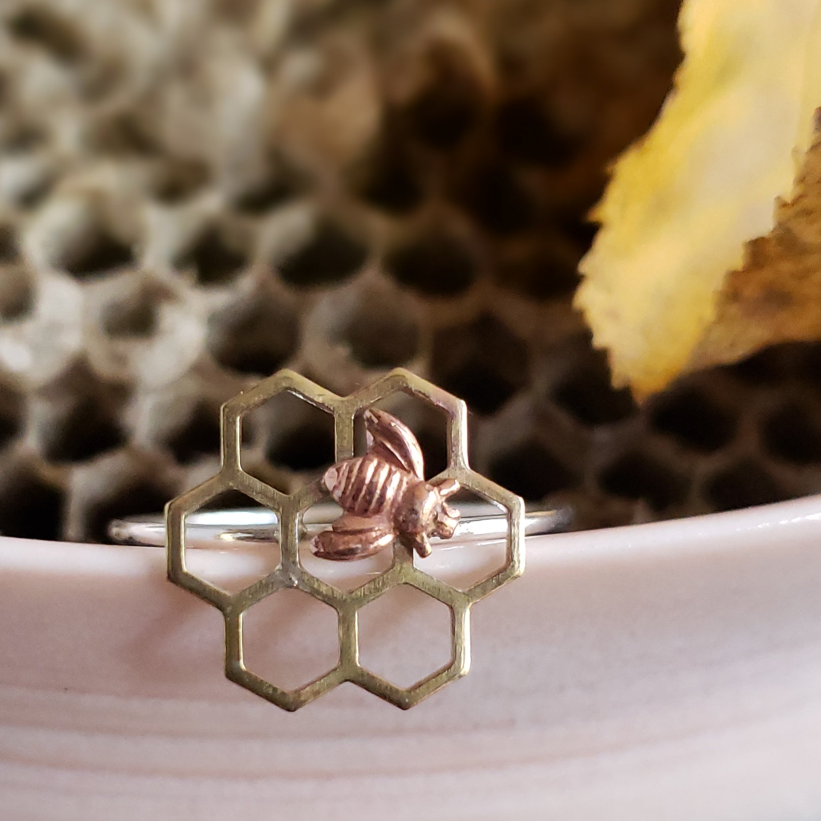 Brass Honeycomb Ring with Bee